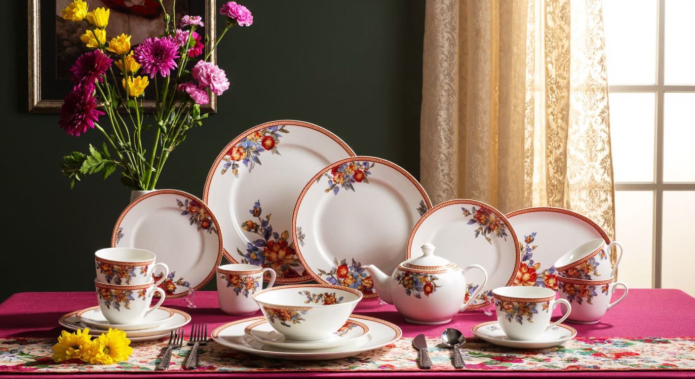 A vibrant Turkish dining table set with a floral-patterned Emsan porcelain dinnerware collection, neatly arranged in 32 pieces, surrounded by fresh flowers and warm sunlight streaming through lace curtains.