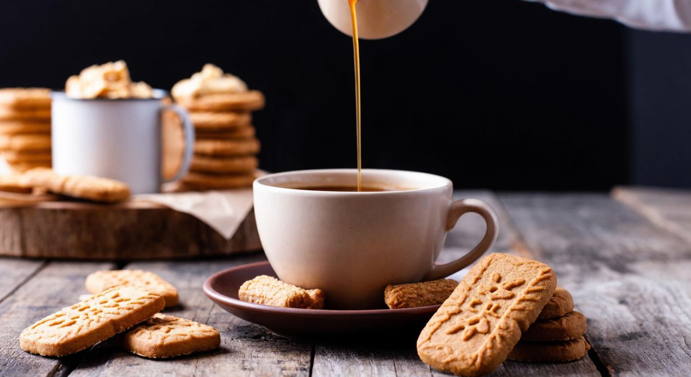 A warm cup of coffee with a drizzle of speculoos syrup swirling into it, surrounded by speculoos cookies on a rustic wooden table in a cozy café.
