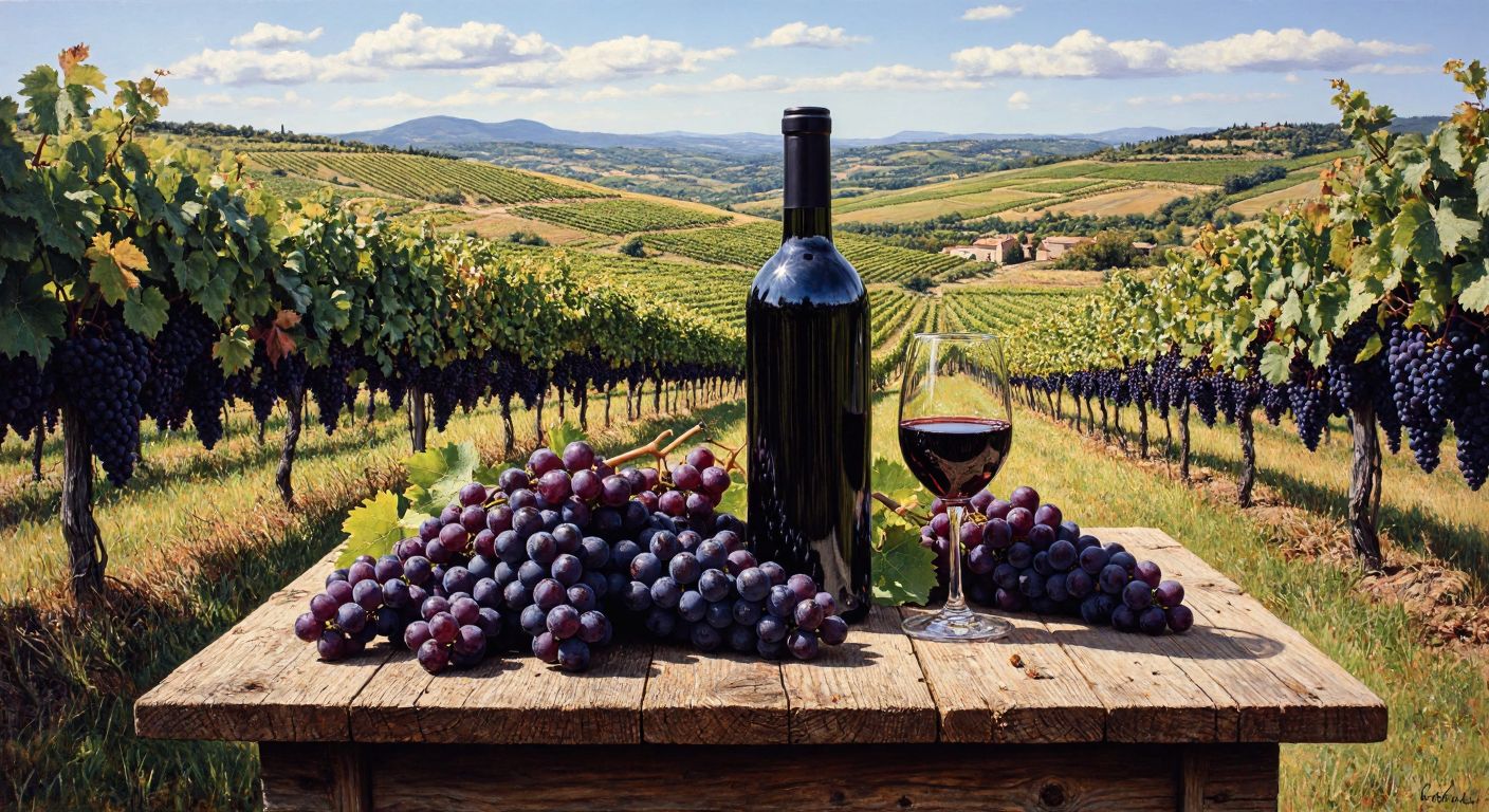 A rustic wooden table in a sunlit vineyard holds a dark glass bottle of La Fiole Réserve wine beside clusters of ripe Grenache, Syrah, and Mourvèdre grapes, with rolling French hills in the background.