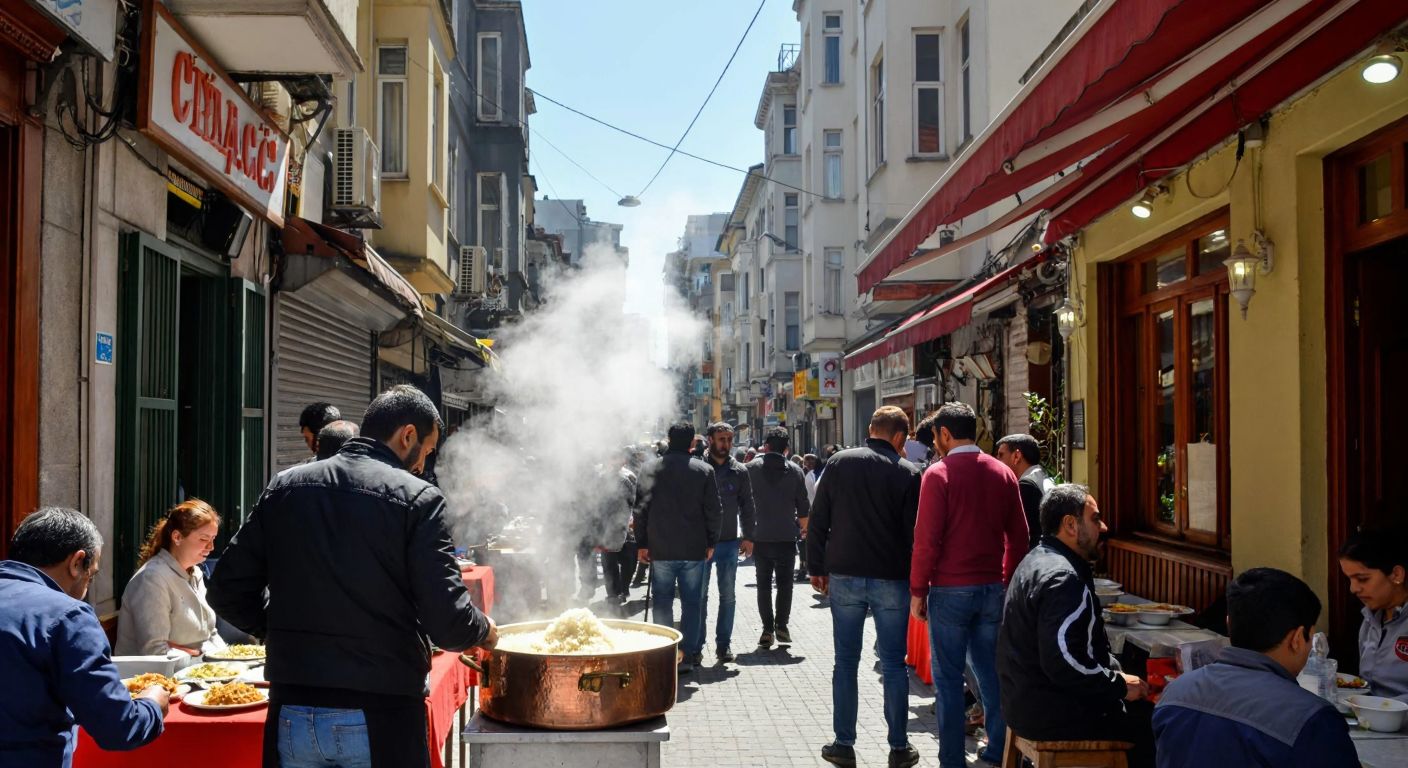 A bustling street in Cihangir with steam rising from a pilavcı's copper pot, surrounded by locals eagerly waiting as a mustachioed vendor scoops fragrant rice onto plates.