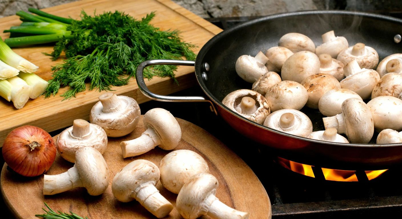 A rustic Turkish kitchen with a wooden table displaying fresh sığırdili mushrooms, a pot of boiling water, chopped dill and leeks, garlic cloves, and a sizzling pan with golden-brown mushrooms cooking over a flame.
