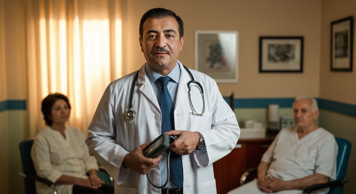 A middle-aged Turkish doctor in a white coat holds a manual blood pressure monitor with a stethoscope draped around their neck, standing in a warmly lit clinic with a concerned elderly patient seated nearby.