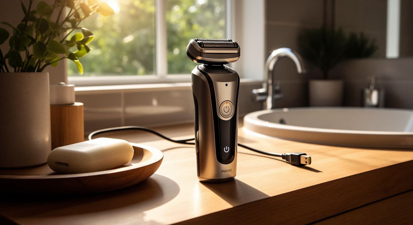 A modern Philips shaver placed on a wooden bathroom countertop next to a charging cable, with warm Turkish sunlight streaming through a small window, reflecting off the sleek metal surface of the shaver.