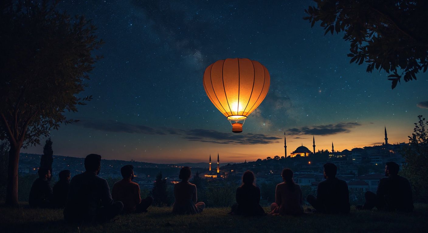 A warm, glowing decorative paper lantern with a flickering candle inside floats gently into a starry night sky above a quiet Turkish garden, surrounded by silhouettes of people watching in peaceful awe.