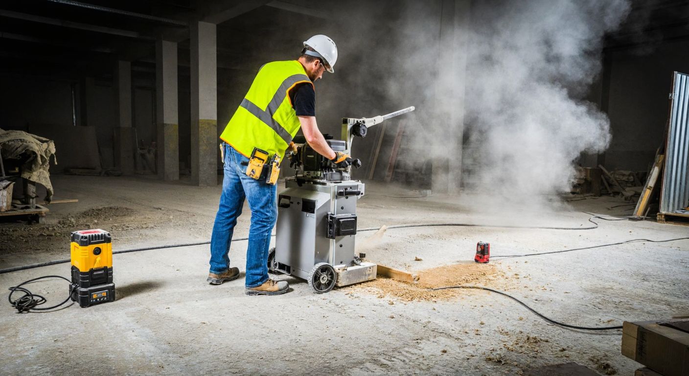 A construction worker in a hard hat and safety vest operates a milling machine on a rough concrete floor, surrounded by dust and debris, with a laser level nearby for precise measurements.