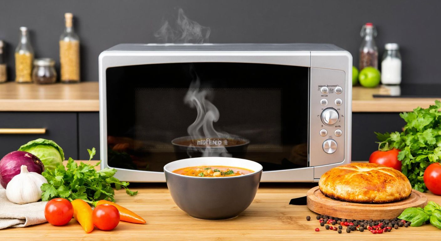 A modern microwave oven sits on a Turkish kitchen counter, steaming a bowl of lentil soup, defrosting frozen meat, and baking a golden pastry, surrounded by fresh vegetables and spices.