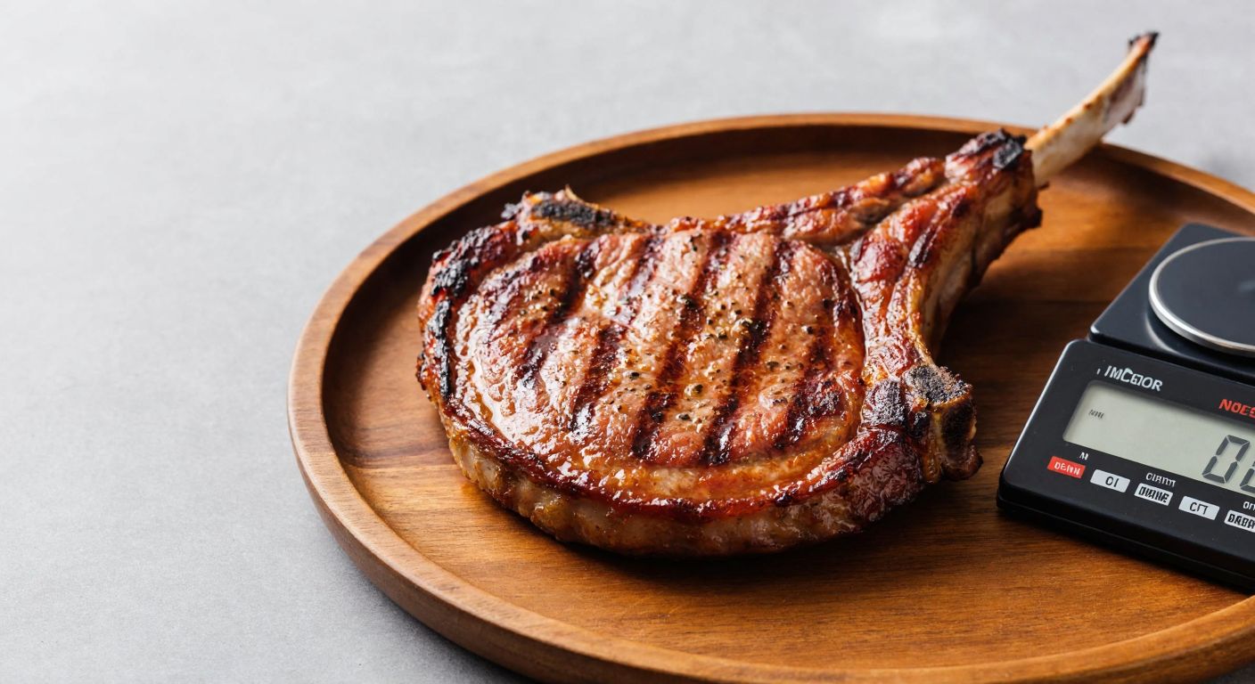 A close-up of a juicy, grilled pork chop on a rustic wooden plate, with a small digital kitchen scale beside it, set against a neutral background.