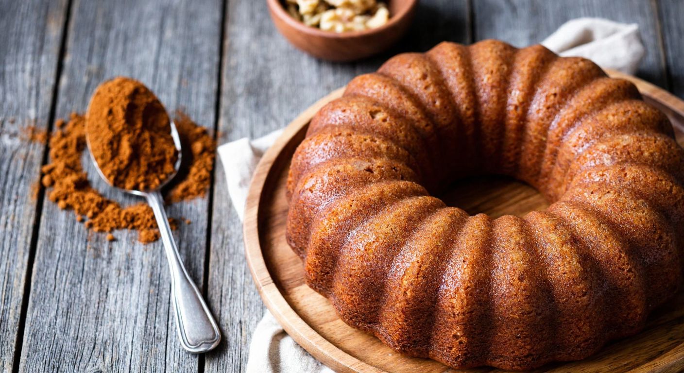 A warm, golden-brown walnut cinnamon cake sits on a rustic wooden table, with a teaspoon of fragrant cinnamon powder beside it, evoking the cozy aroma of a Turkish kitchen.