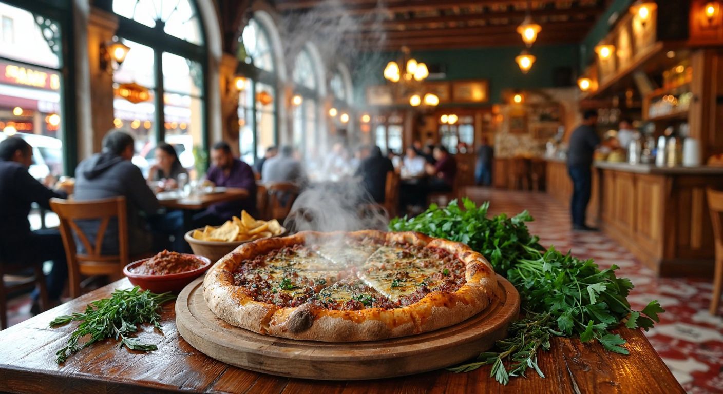 A steaming golden Ladik pide on a wooden table, surrounded by fresh herbs and a bustling traditional Turkish restaurant with warm lighting and people enjoying their meals.