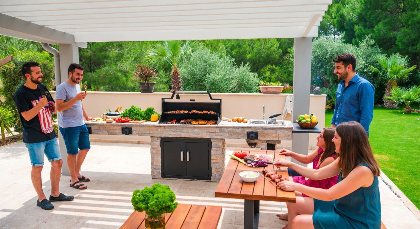 A spacious outdoor patio in Turkey with a stone-built barbecue grill occupying a 2 m² area, surrounded by fresh vegetables, skewered meats, and a group of people chatting and laughing nearby.