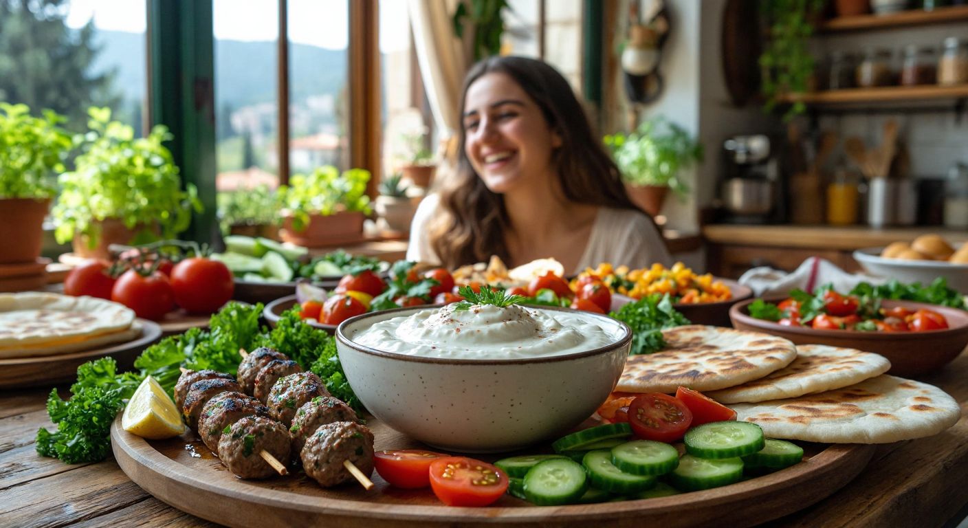 A vibrant Turkish breakfast spread featuring a bowl of creamy fermented cashew yogurt surrounded by fresh vegetables, vegan kebabs, and warm flatbread, with a backdrop of a sunlit kitchen and a smiling person enjoying the meal.