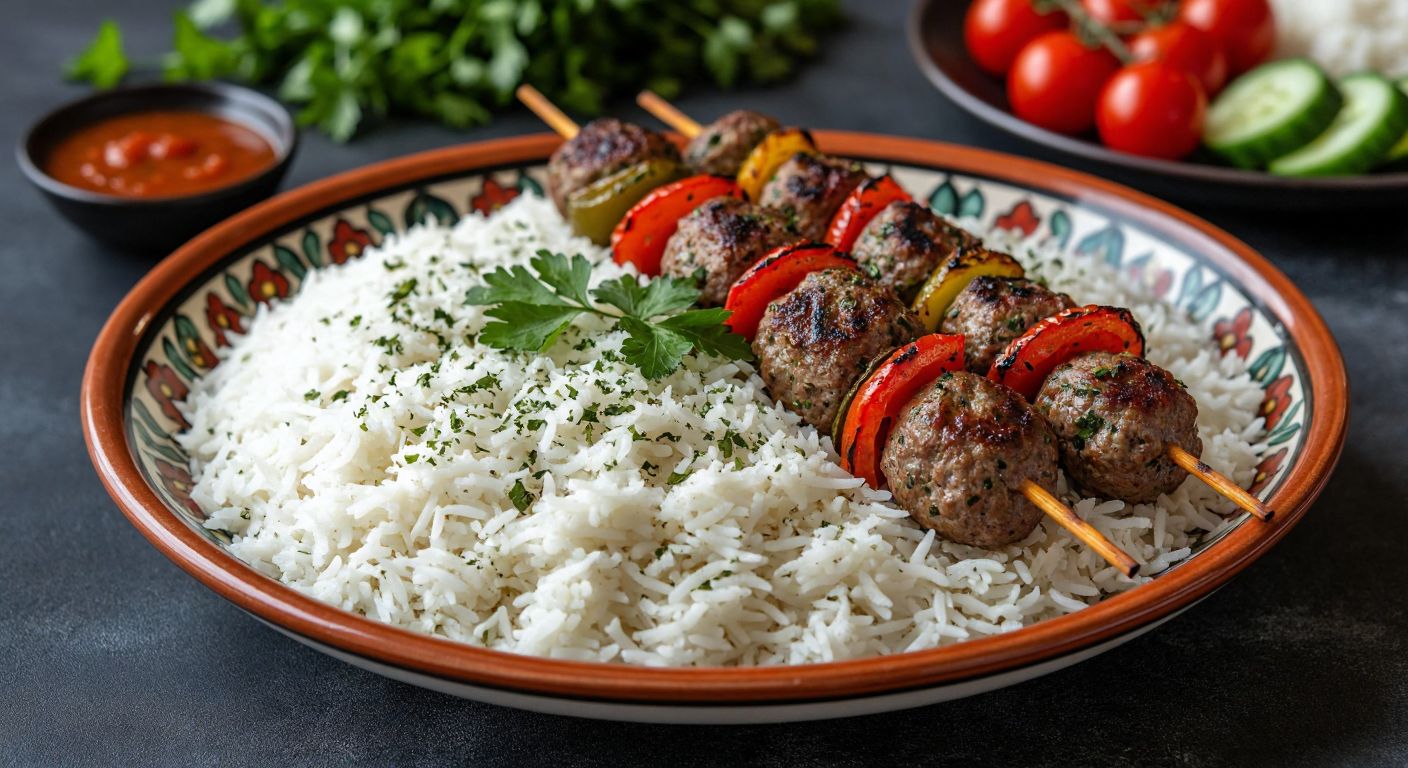 A steaming plate of fluffy, aromatic Yayla Basmati rice with long, separate grains, served alongside colorful Turkish kebabs and fresh herbs on a traditional ceramic plate.