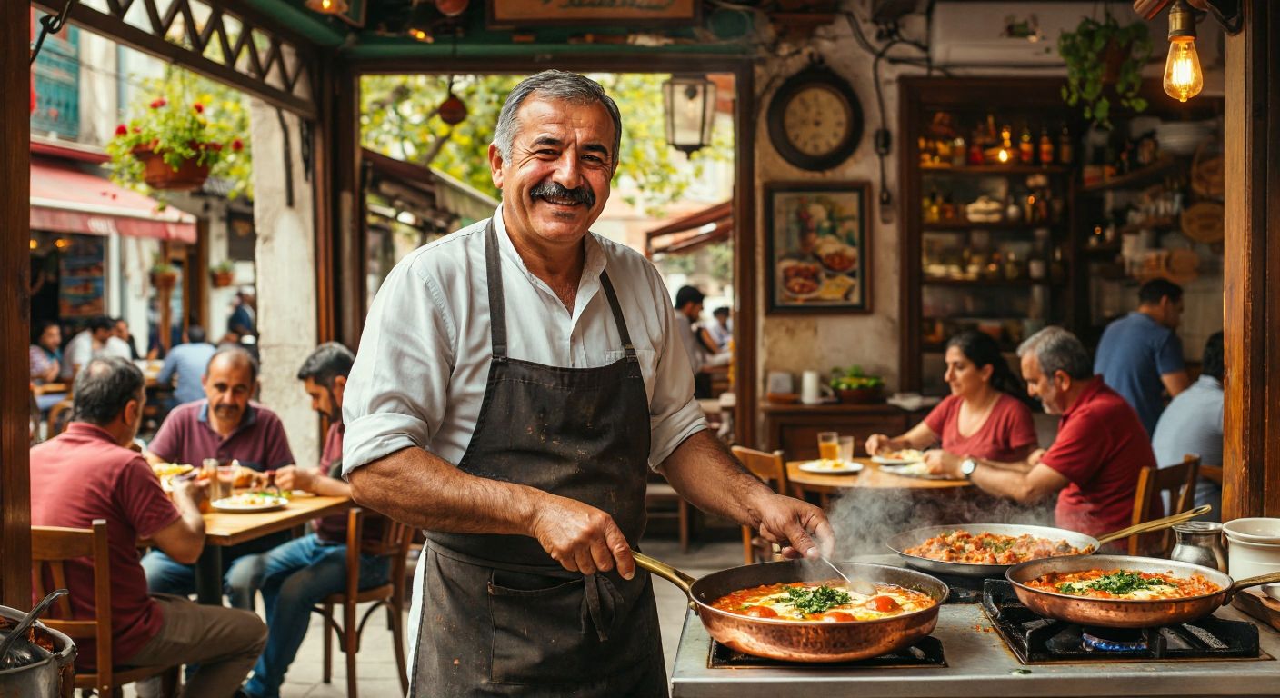 A cheerful, middle-aged Turkish man with a mustache, wearing an apron, stands proudly in front of a small, bustling breakfast café, flipping sizzling menemen in a copper pan while locals enjoy their meal at wooden tables.