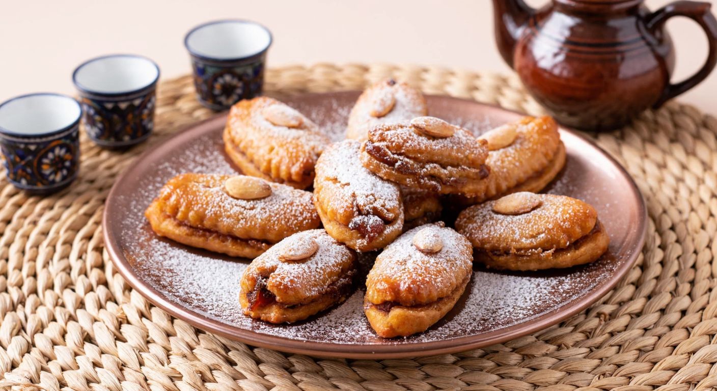 A golden-brown tray of Algerian **Hurmalı Makrot**, a date-filled pastry, dusted with powdered sugar and garnished with whole almonds, placed on a woven straw mat with a traditional Algerian ceramic teapot and small cups in the background.