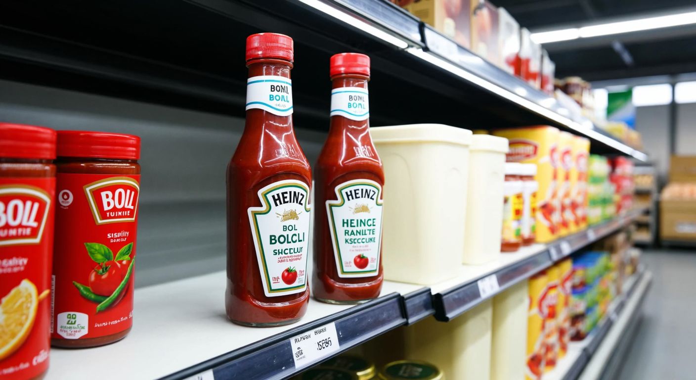 A Turkish supermarket shelf displaying two nearly identical red and white ketchup bottles—one labeled "Bol Bol" and the other "Heinz"—side by side, with a factory in the background symbolizing shared production.