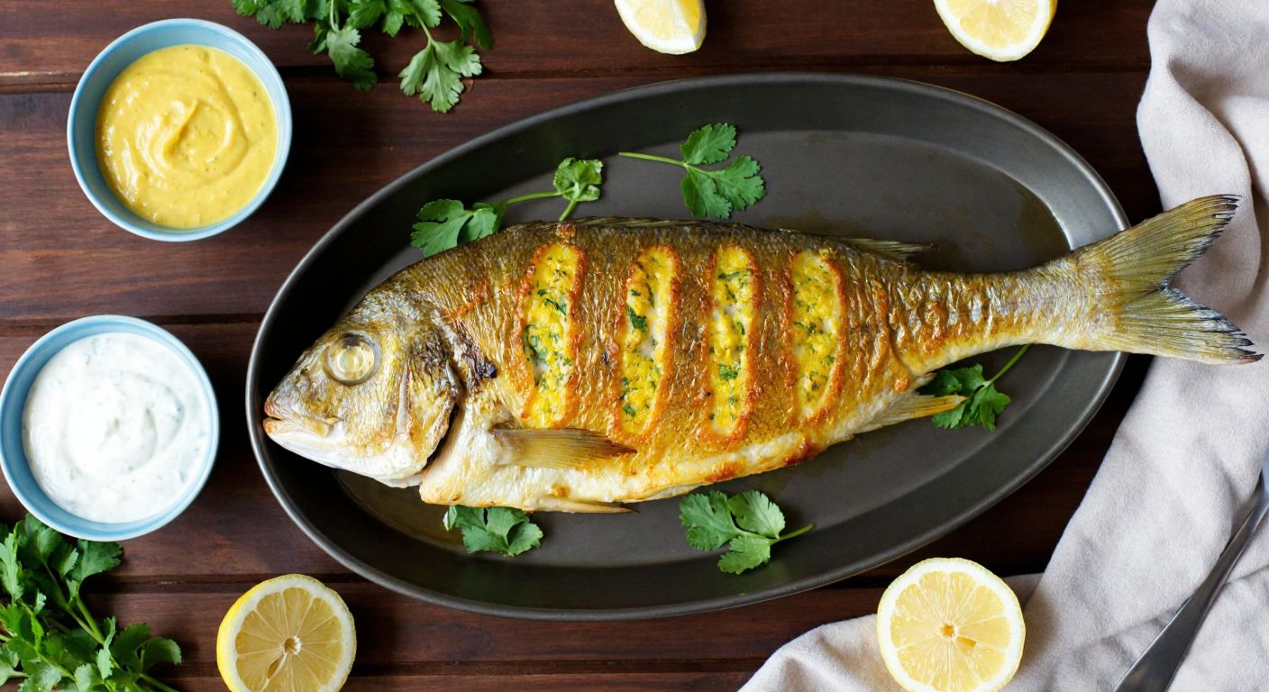A golden-brown whole fish fresh from the oven, drizzled with a vibrant lemon-garlic sauce, surrounded by small bowls of tahini, yogurt-based sauce, and mustard-honey glaze, set on a rustic wooden table with fresh herbs and sliced lemons.