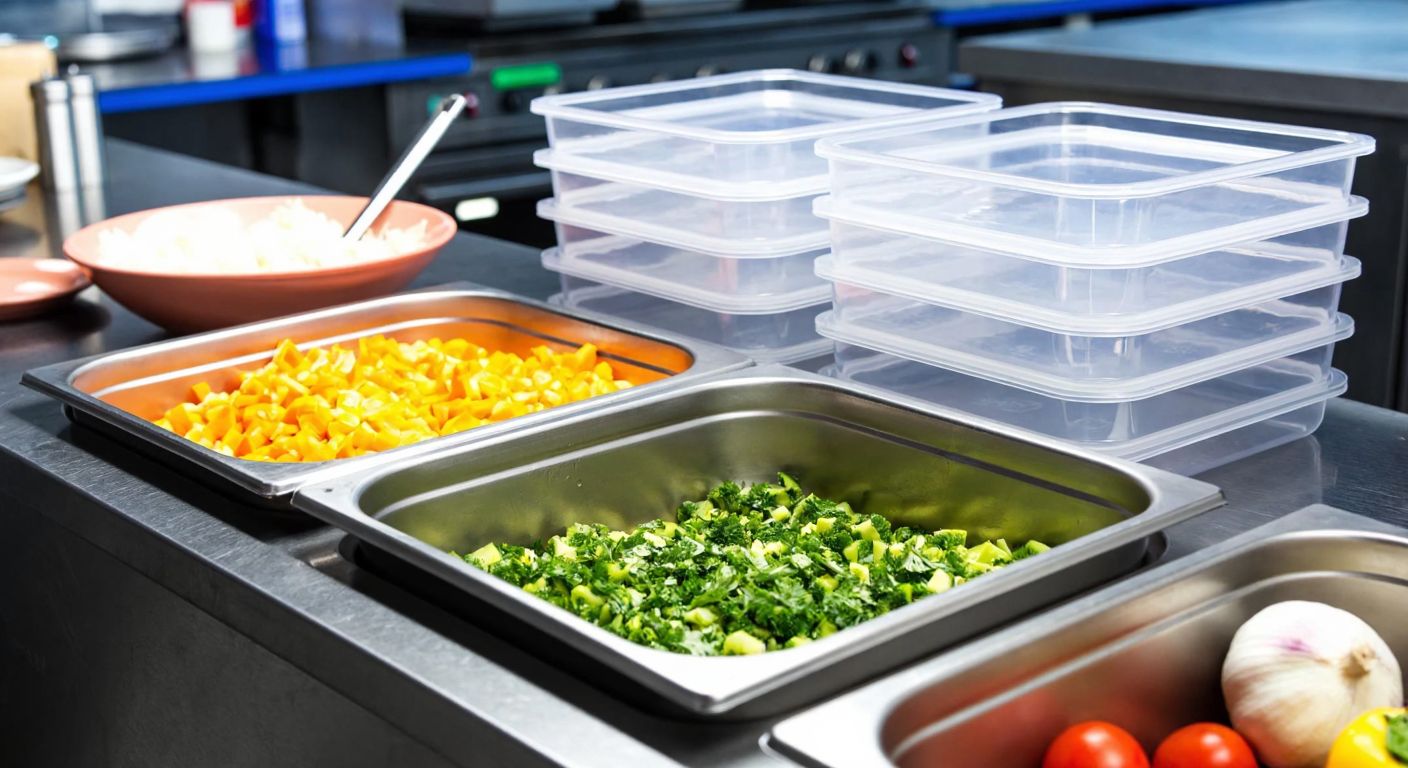 A stainless steel gastronorm pan filled with chopped vegetables sits beside a stack of shallow, lidded polycarbonate service containers in a bustling Turkish restaurant kitchen.