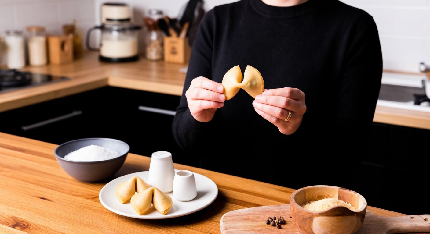 A smiling person in a cozy Turkish kitchen carefully holds a homemade fortune cookie, while a small plate with two more cookies sits beside a bowl of sugar-free ingredients on a wooden counter.