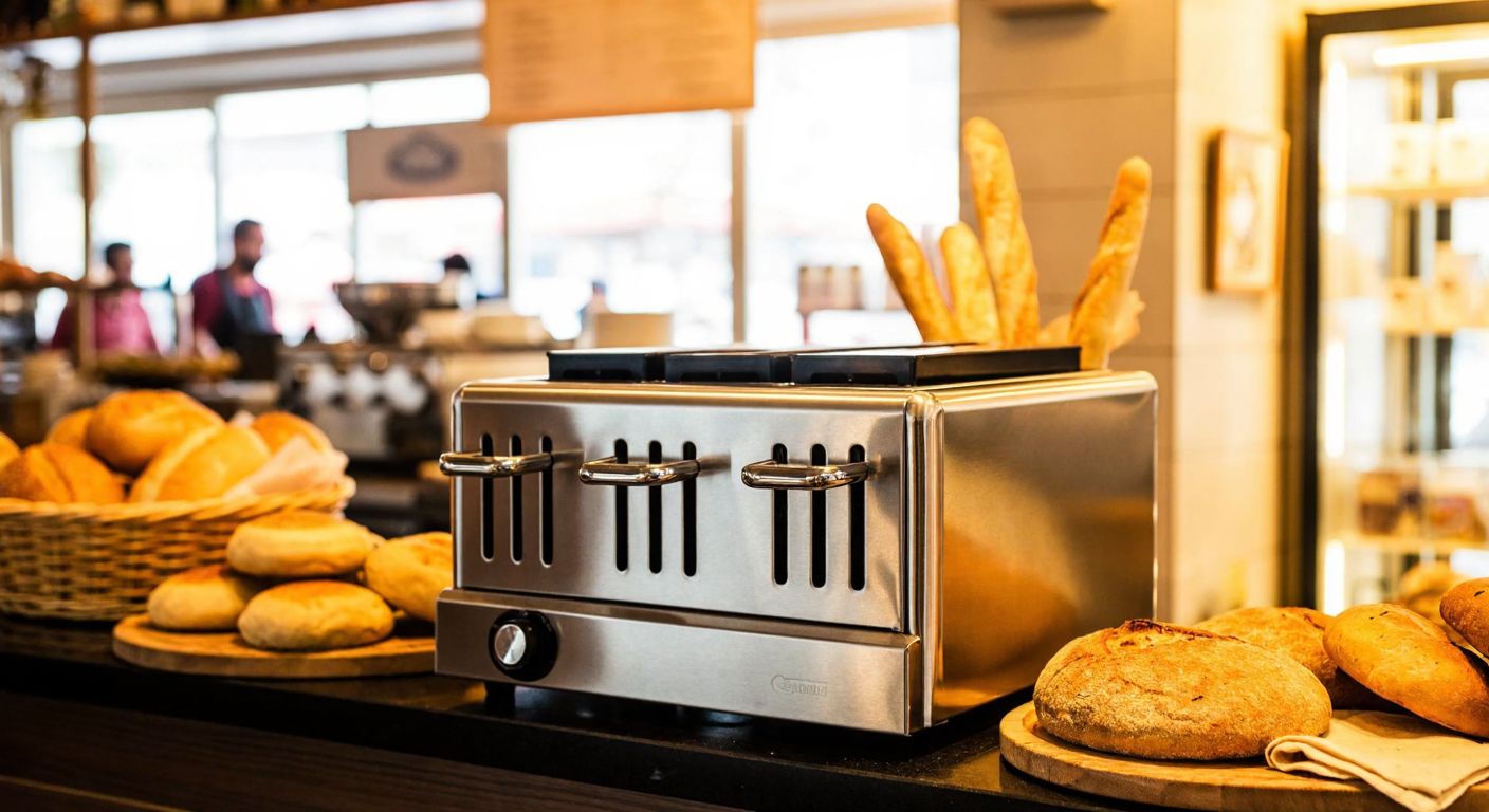 A stainless steel toaster with multiple slots sits on a countertop in a bustling Turkish café, surrounded by fresh bread slices and a warm golden glow.