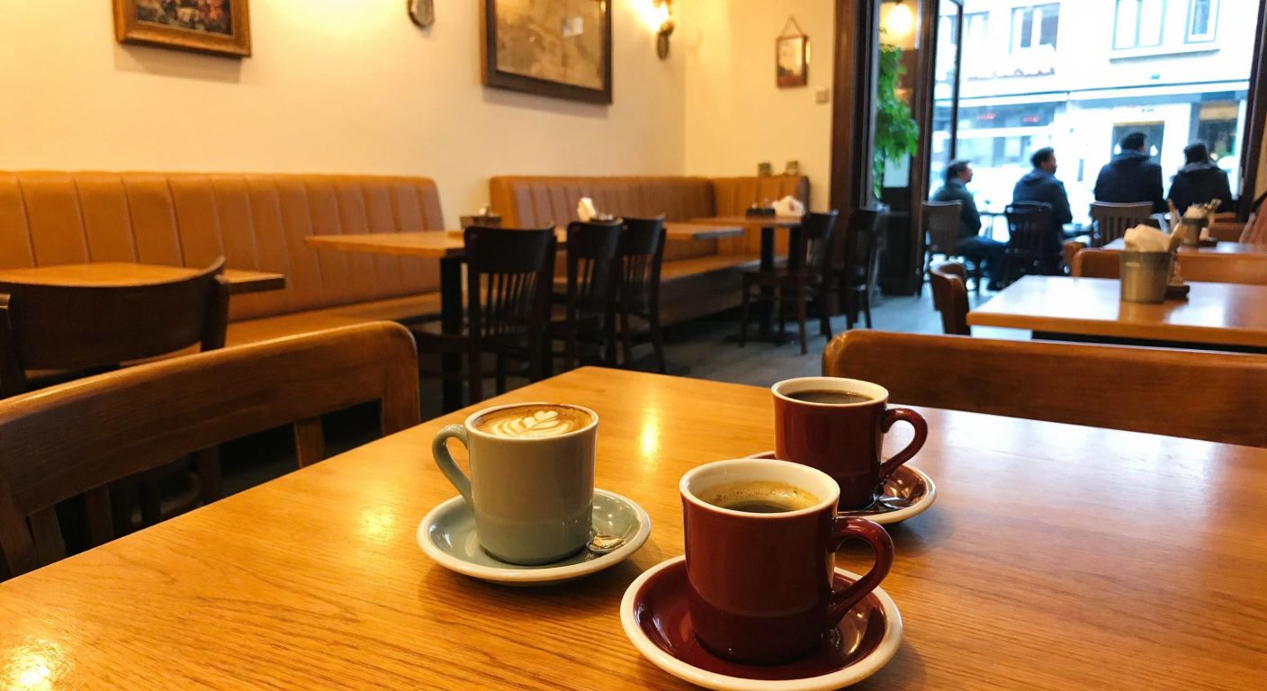 A cozy café in Kadıköy with warm wooden tables, steaming cups of Turkish coffee, and a relaxed atmosphere, where people chat without alcoholic beverages in sight.