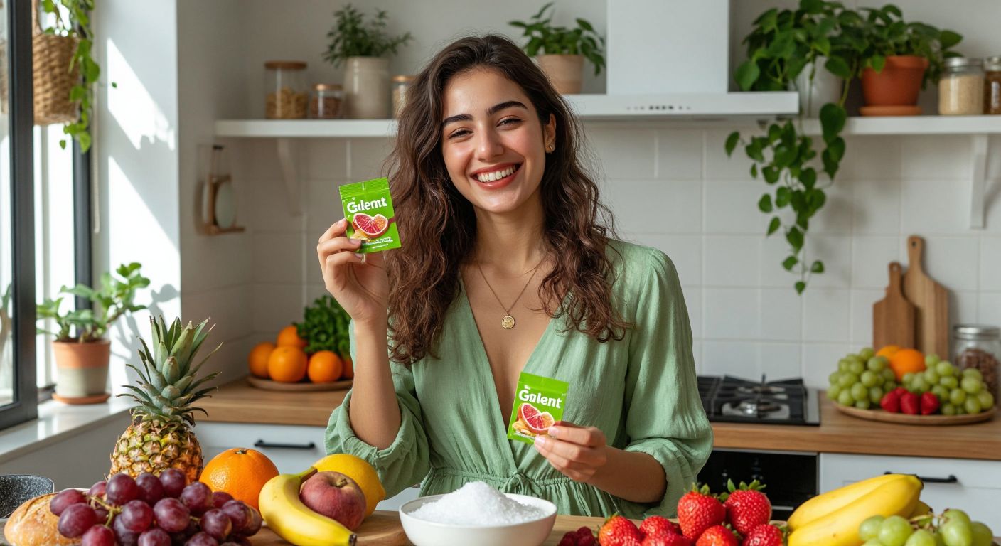 A cheerful Turkish woman in a bright kitchen holds up a pack of gluten-free gum with a relieved smile, surrounded by fresh fruits and gluten-free snacks.