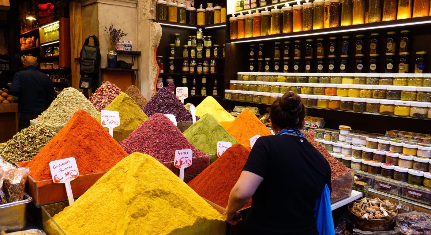 A bustling spice stall in Istanbul's historic Egyptian Bazaar, with colorful mounds of aromatic spices, jars of golden honey, and shelves lined with bottles of herbal oils, evoking warmth and tradition.