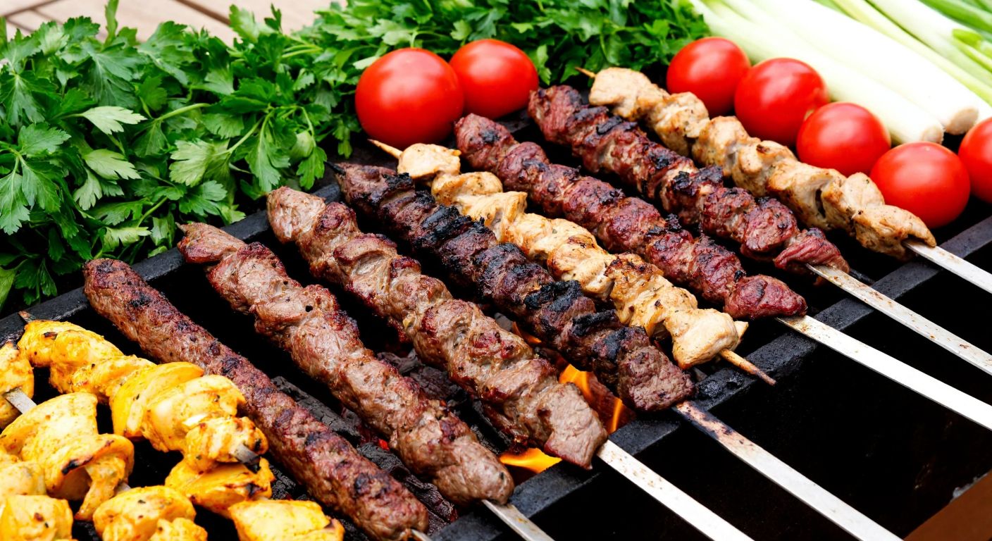 A vibrant Turkish kitchen scene with skewers of sizzling lamb, beef, chicken, and turkey kebabs grilling over glowing charcoal, surrounded by fresh herbs and colorful vegetables.