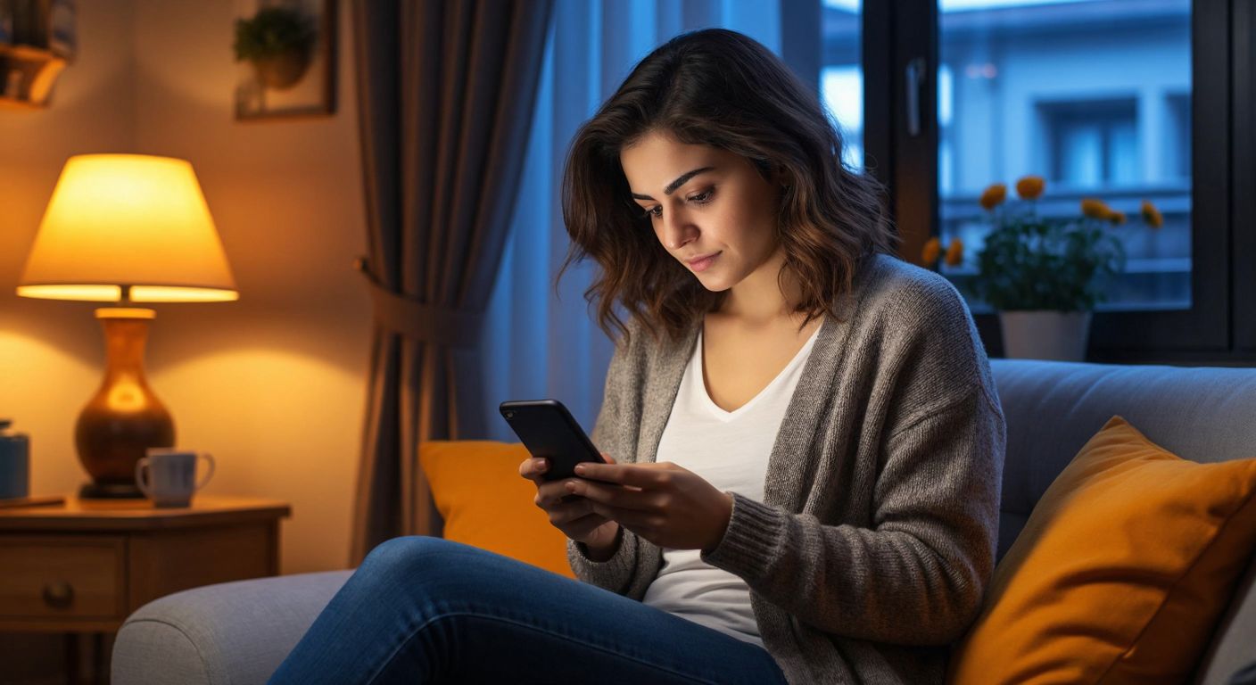 A Turkish woman in a cozy home setting holds her phone while checking a utility bill, with a PTT branch and bank logos subtly visible in the background.