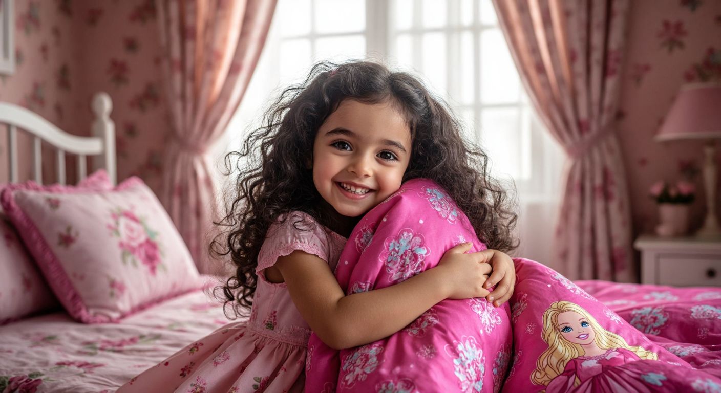 A cheerful little girl with dark curly hair, around 3-5 years old, happily hugging a pink Barbie-themed bedspread in a cozy Turkish bedroom with floral-patterned curtains.