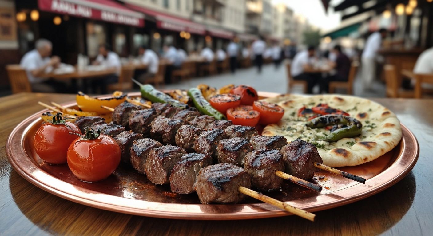 A steaming plate of **İnci Kebabı**—juicy, skewered lamb slices with charred edges—rests on a copper tray beside grilled tomatoes, peppers, and fresh flatbread, with a bustling Turkish kebab house in the background.