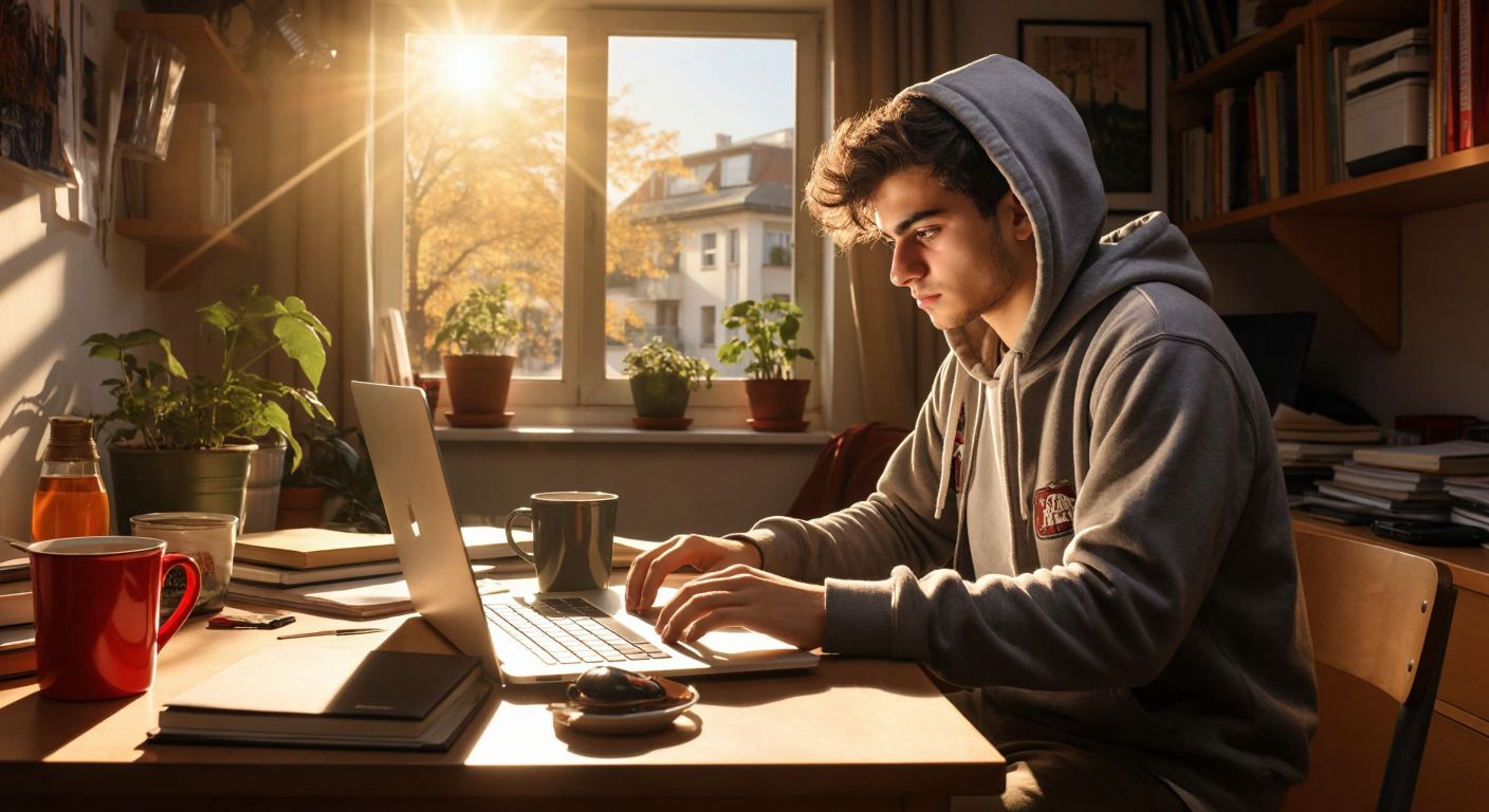 A young Turkish student in a university hoodie sits at a wooden desk in a sunlit dorm room, typing on a laptop with a focused expression, surrounded by scattered notebooks and a steaming cup of Turkish tea.