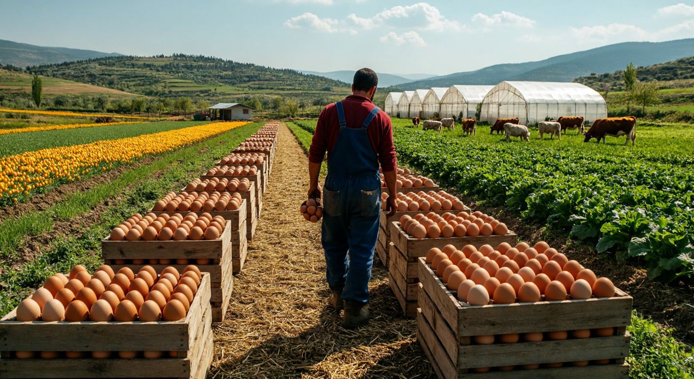 A sunlit Turkish farm with rows of brown eggs in wooden crates, grazing cattle in a green pasture, sacks of animal feed stacked neatly, and a worker in overalls harvesting fresh mushrooms in a greenhouse.