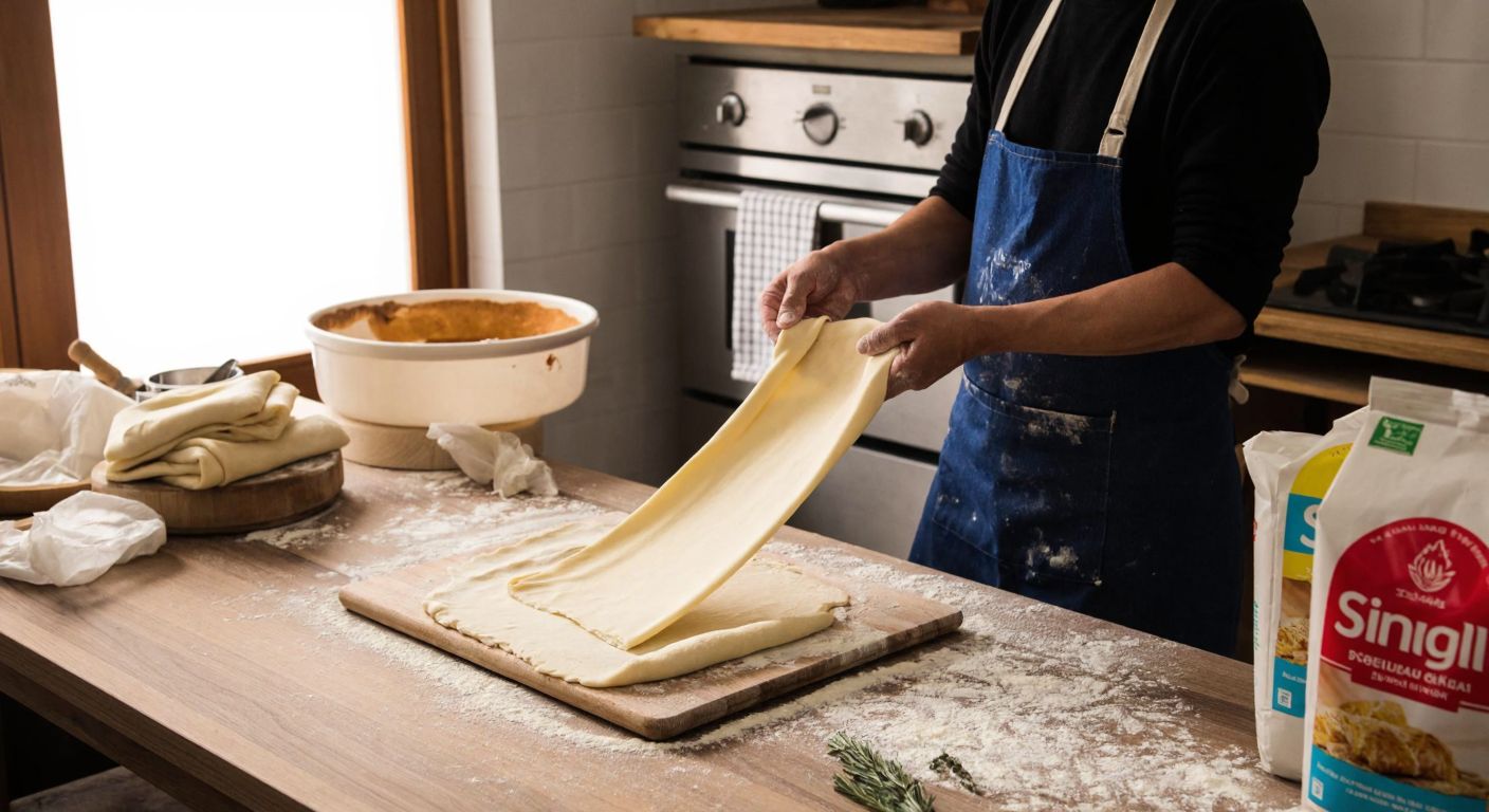 A warm Turkish kitchen with a wooden countertop covered in flour, where a pair of hands skillfully stretches thin sheets of dough for baklava and börek, surrounded by bags of specialty flour from local brands like Sinangil and Söke.