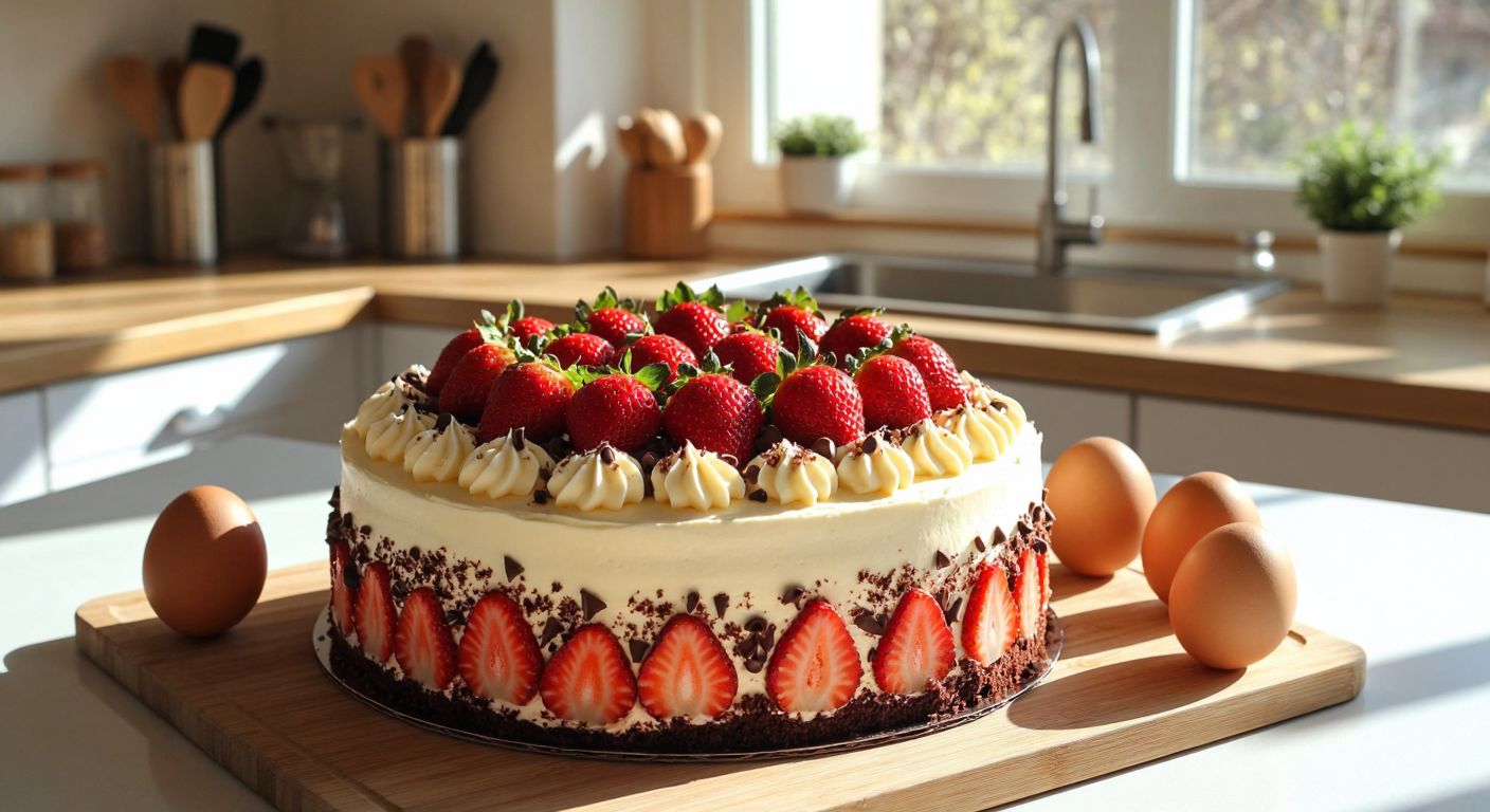 A large, round, creamy birthday cake decorated with fresh strawberries and chocolate shavings, surrounded by six whole eggs on a wooden kitchen counter in a sunlit Turkish home.