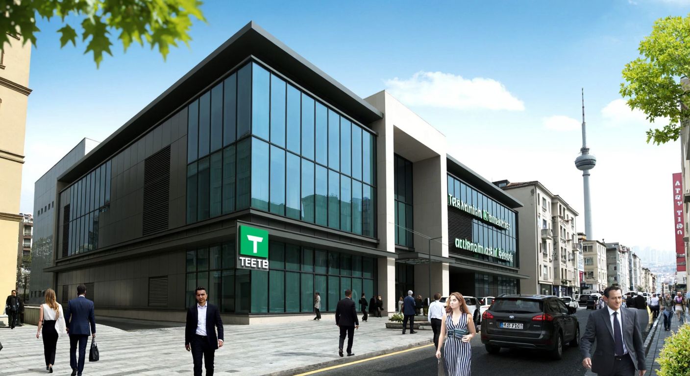 A modern Turkish bank building with a sleek glass facade, flanked by a smaller investment office bearing the TEB logo, set against a bustling Istanbul street with people in business attire walking by.