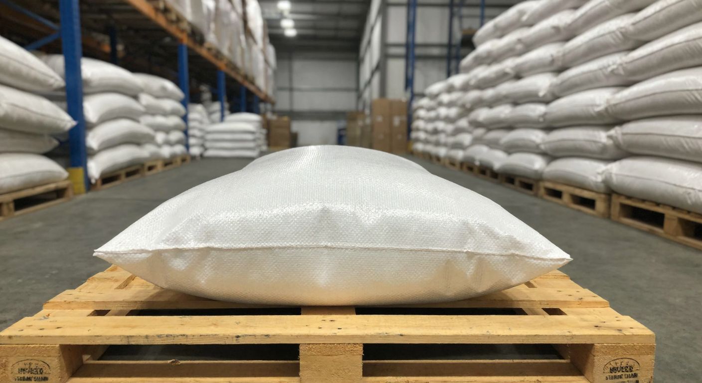 A single large, sturdy woven polypropylene sack (50x80 cm) lying on a wooden pallet in a bustling Turkish warehouse, surrounded by stacks of similar sacks ready for bulk sale.