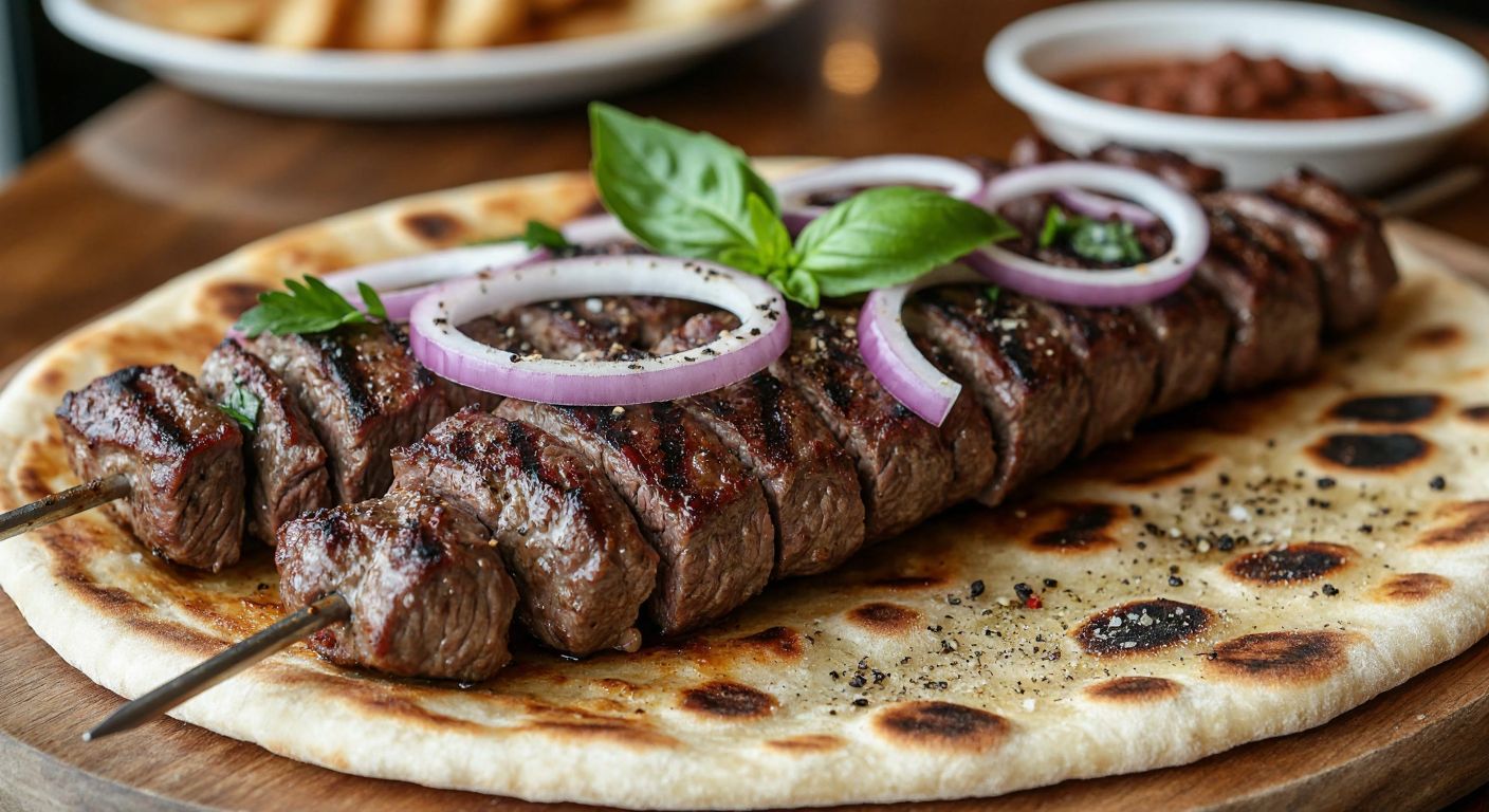A close-up of juicy, thinly sliced cağ kebabı on a skewer, garnished with fresh onions, reyhan (basil), and sprinkled with salt and black pepper, resting on a warm flatbread in a bustling Erzurum eatery.