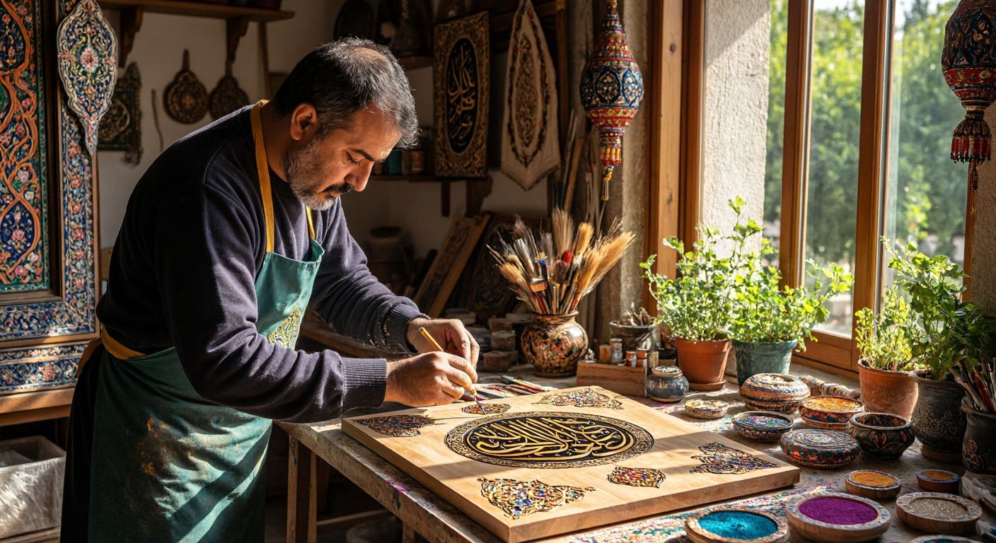 A Turkish artisan carefully paints ornate Arabic-style calligraphy letters onto a wooden plaque in a sunlit workshop, surrounded by colorful handcrafted decorations and half-finished projects.