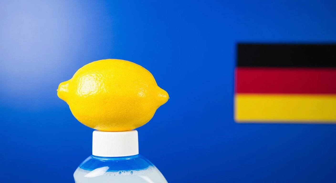 A bright yellow lemon sits atop a blue and white bottle of dish soap, with a German flag subtly reflected in the background.