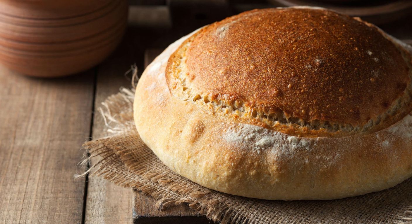 A rustic wooden table holds a freshly baked loaf of Kavılca bread with a golden-brown crust, its warm aroma mingling with the earthy tones of a traditional Turkish village kitchen.