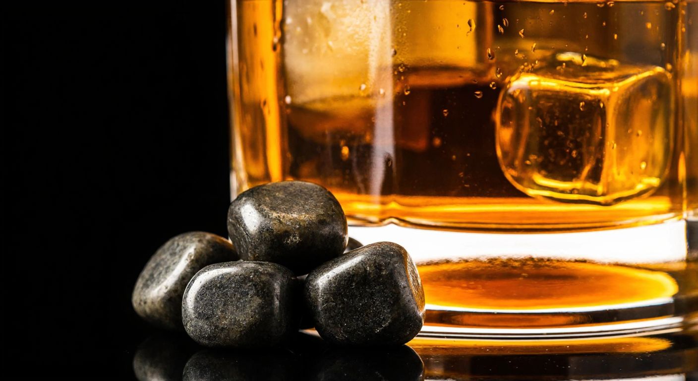 A close-up of smooth, dark whiskey stones resting in a golden-hued glass of amber whiskey, with condensation glistening on the glass and warm light reflecting off the liquid’s surface.