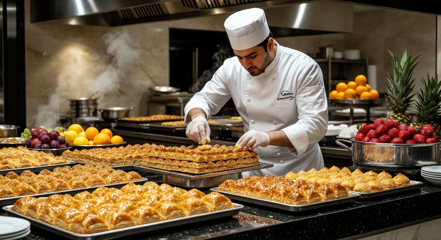 A Turkish pastry chef in a crisp white uniform meticulously decorates a multi-layered baklava in a bustling hotel kitchen, surrounded by trays of golden pastries, fresh fruits, and steaming pots of syrup.