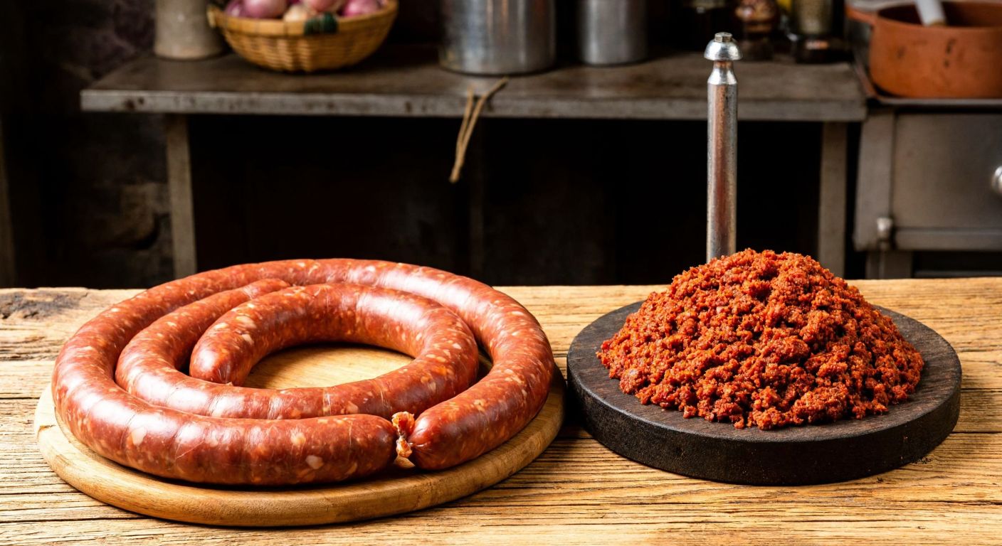 A rustic wooden table in a Turkish kitchen holds a coiled length of fresh sausage casing next to a mound of spiced ground meat, with a traditional sucuk press nearby.