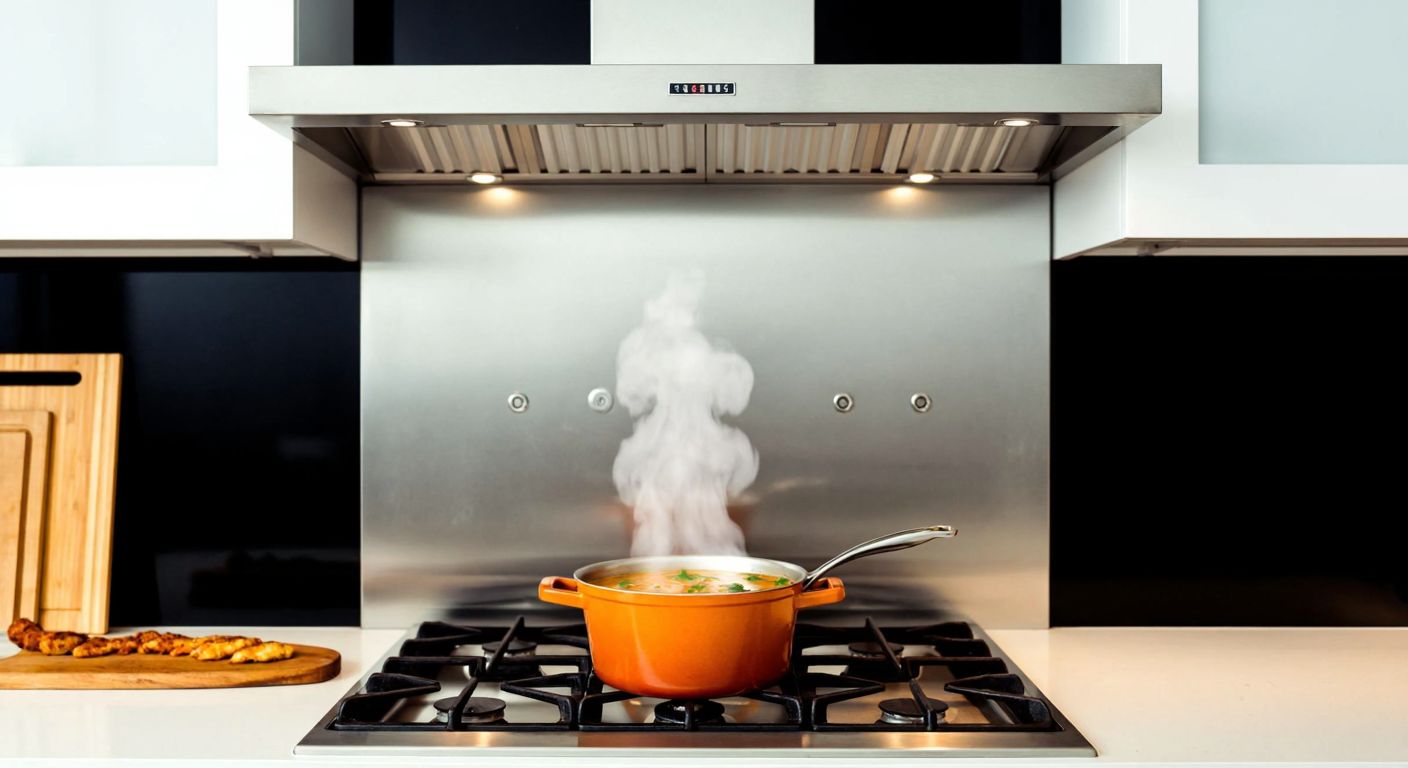 A modern Turkish kitchen with a stainless steel range hood mounted above a stove, featuring a panel of four round buttons, while steam rises from a simmering pot of çorba on the burner below.