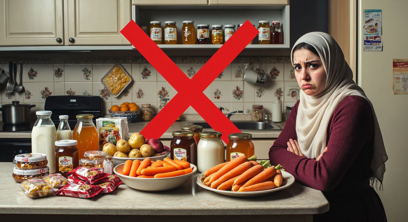 A Turkish kitchen counter with a red "X" marked over a spread of honey jars, milk bottles, fresh fruits, and packaged snacks, while a woman in a headscarf frowns at a bowl of peeled carrots and potatoes.
