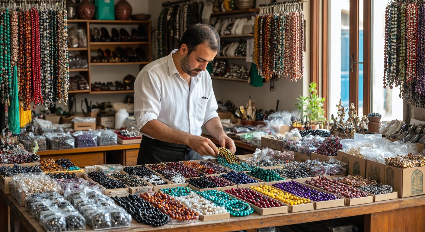 A bustling Turkish jewelry workshop with artisans carefully arranging colorful beaded bracelets and necklaces into bulk packaging, while a merchant in a crisp shirt discusses orders on a phone nearby.