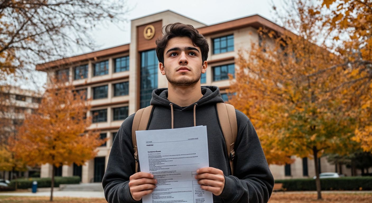 A determined young student in Turkey, wearing a university hoodie, thoughtfully holds a transcript while standing in front of a campus building with a prominent signboard (without readable text), surrounded by autumn leaves.