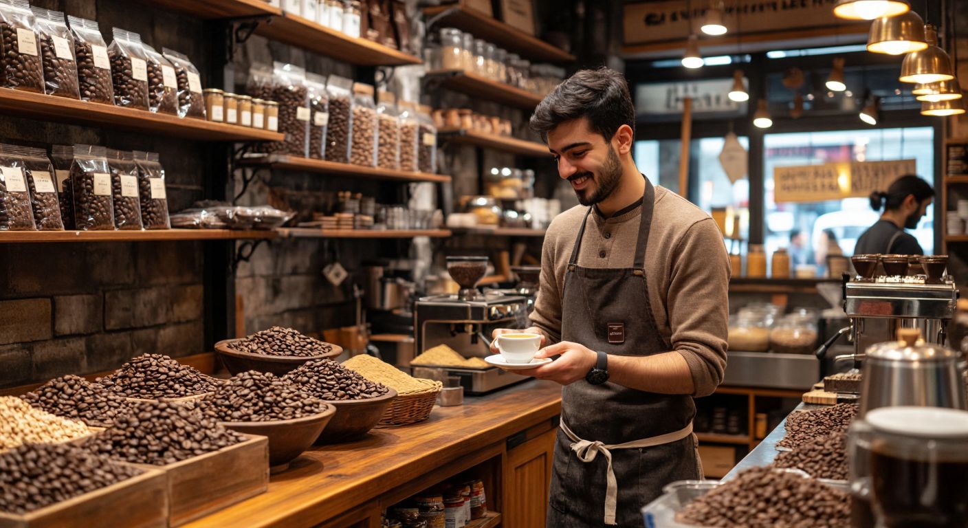 A warm, bustling coffee shop in Istanbul with shelves lined with bags of roasted coffee beans and chocolate bars, while a barista in a crisp apron serves a steaming cup of Turkish coffee to a smiling customer.