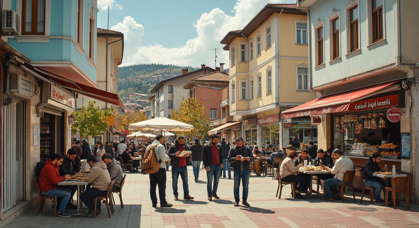 A bustling Turkish town square in Çaycuma, with people checking menus outside a hospital and a school, while others browse food options on their phones near local eateries.