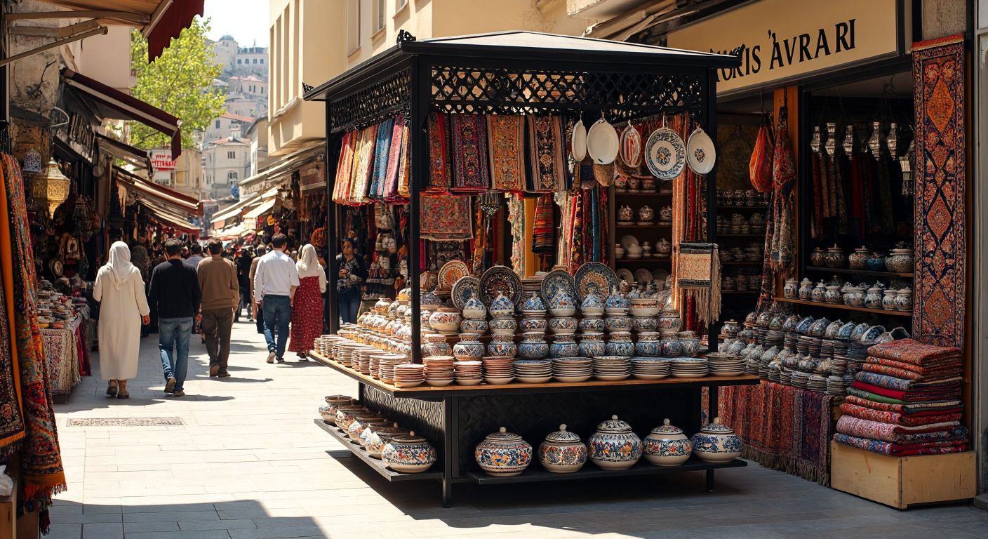 A sleek, black iron stand in a bustling Turkish bazaar, displaying colorful textiles and ceramics under warm sunlight, with vendors and shoppers admiring the sturdy structure.